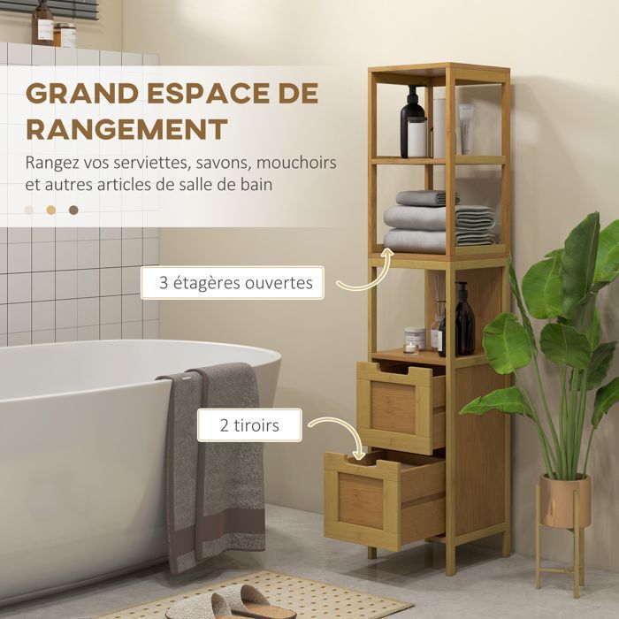 Meuble colonne - kleankin - rangement salle de bain style cosy 3 étagères 2 tiroirs - bambou - 30x30x144cm - naturel