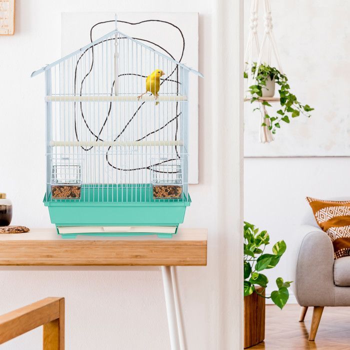 Relaxdays Cage à oiseaux, métal, pour de petits canaris, perchoirs & mangeoires, 49 x 39,5 x 32 cm, bleu clair/menthe