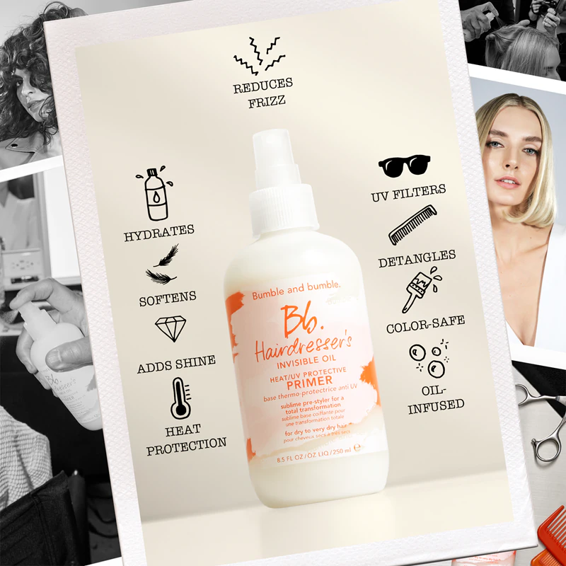 Neviditelný olejový ochranný sprej proti teplu/UV záření pro bezchybný vzhled vlasů od Bumble and Bumble Hairdresser's před stylingem