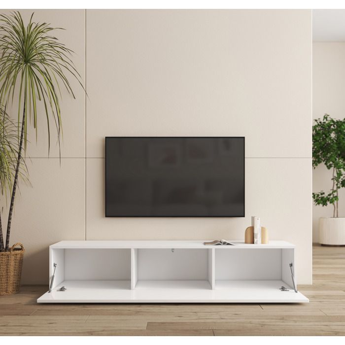 Meuble TV avec pieds pour Salon | 1 Porte avec 3 Compartiments | Couleur Blanc | L 160 x P 40 x H 32 cm | Modèle Nora H2