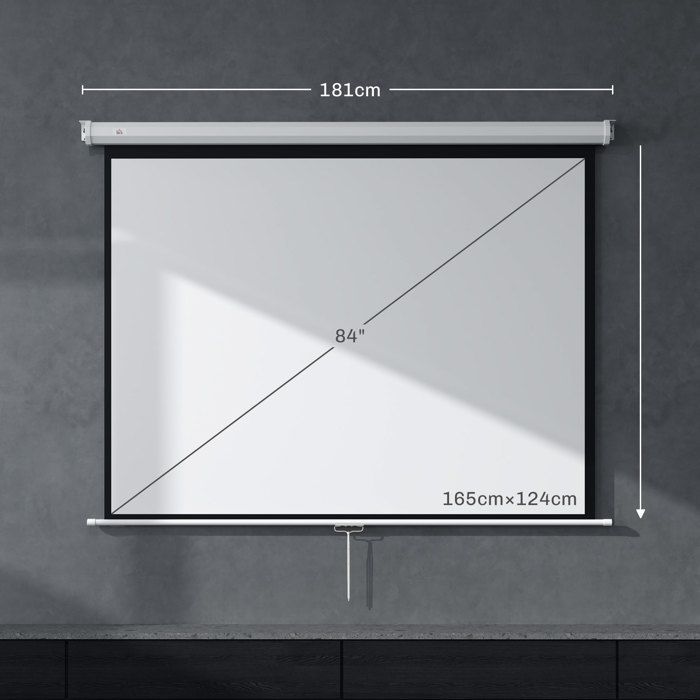 Pantalla de proyección HOMCOM de 84 pulgadas, formato 4:3, resolución 4K HD, para cine en casa, montaje en pared o techo, dimensiones: 181 cm (ancho) x 8 cm (profundidad) x 138 cm (alto), color blanco.