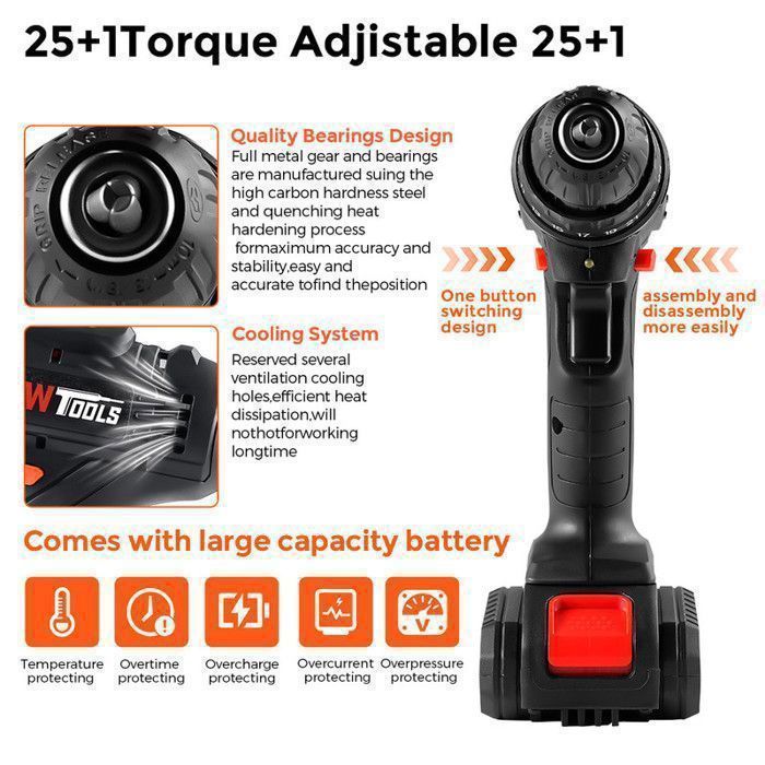 Perceuse visseuse sans fil POWTOOLS - 21V - 1 batterie Lithium + 28 accessoires + Chargeur