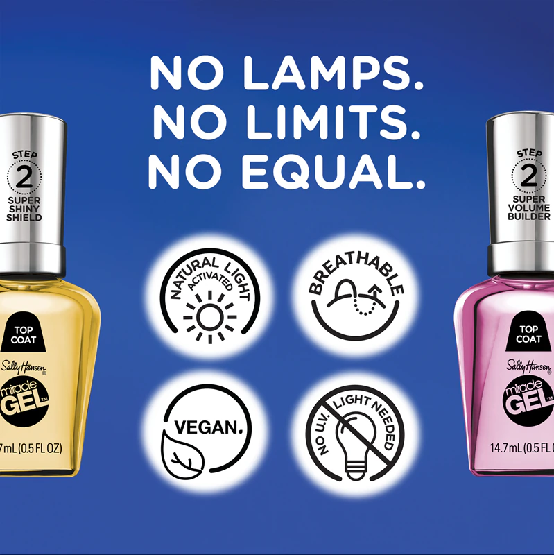 Esmalte híbrido Sally Hansen Miracle Gel™ sem a necessidade de lâmpada UV/LED.
