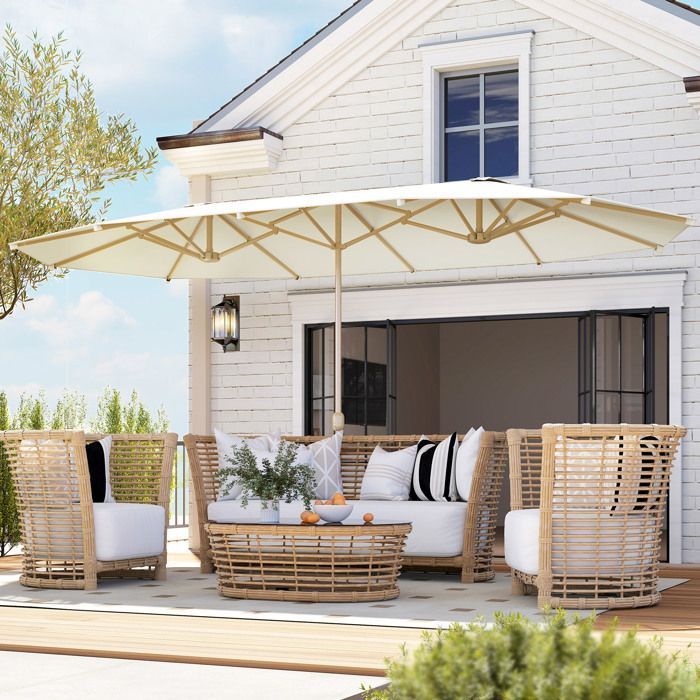 Sombrilla doble de jardín - Outsunny - 455 x 265 cm - rectangular, con manivela, poliéster de 180 g/m² - protección solar UPF30+ - beige