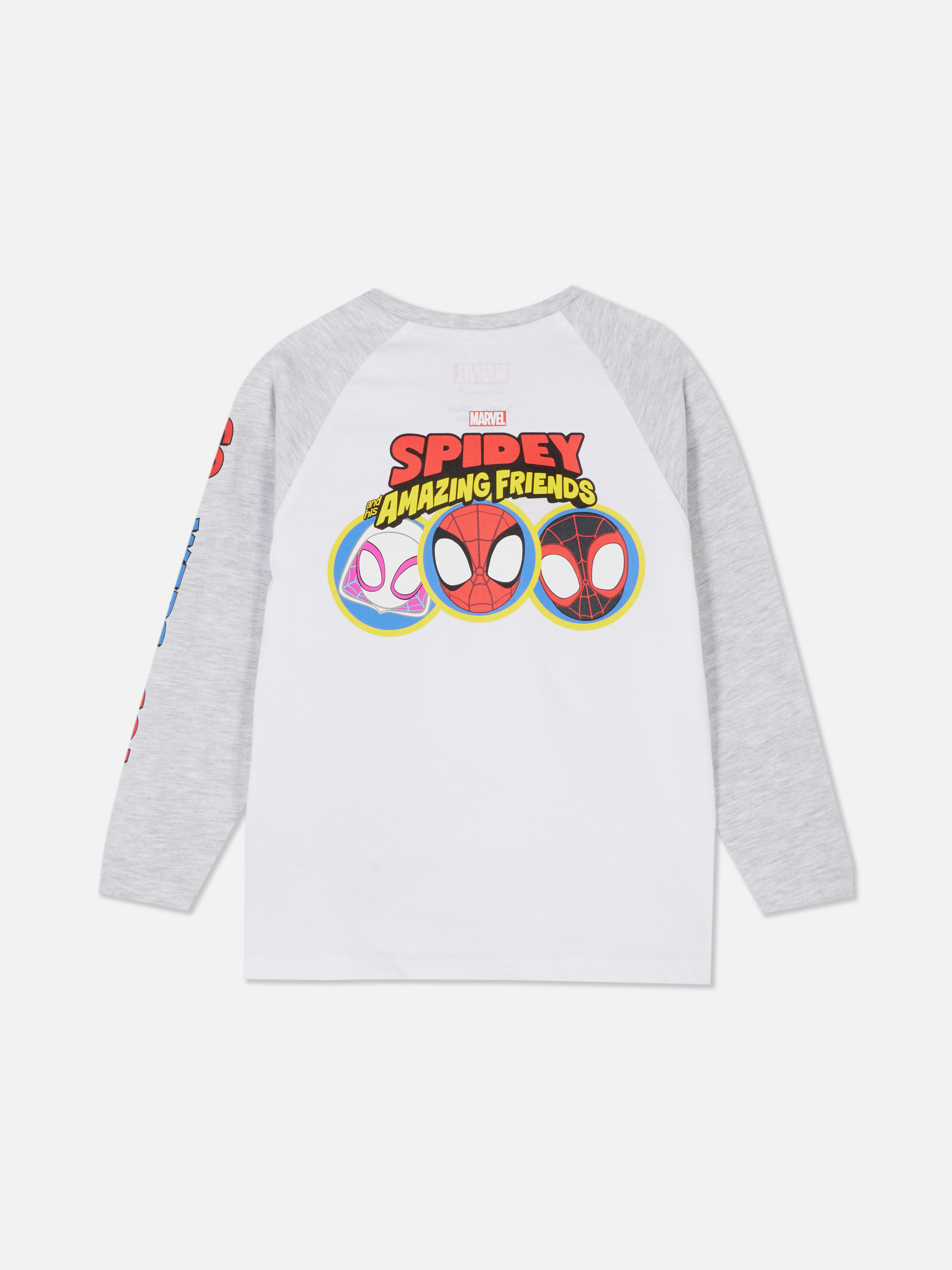 MARVEL Spider-Man und Freunde Langarm-T-Shirt Ein T-Shirt mit langen Raglanärmeln und Spider-Man-Charakteremblemen