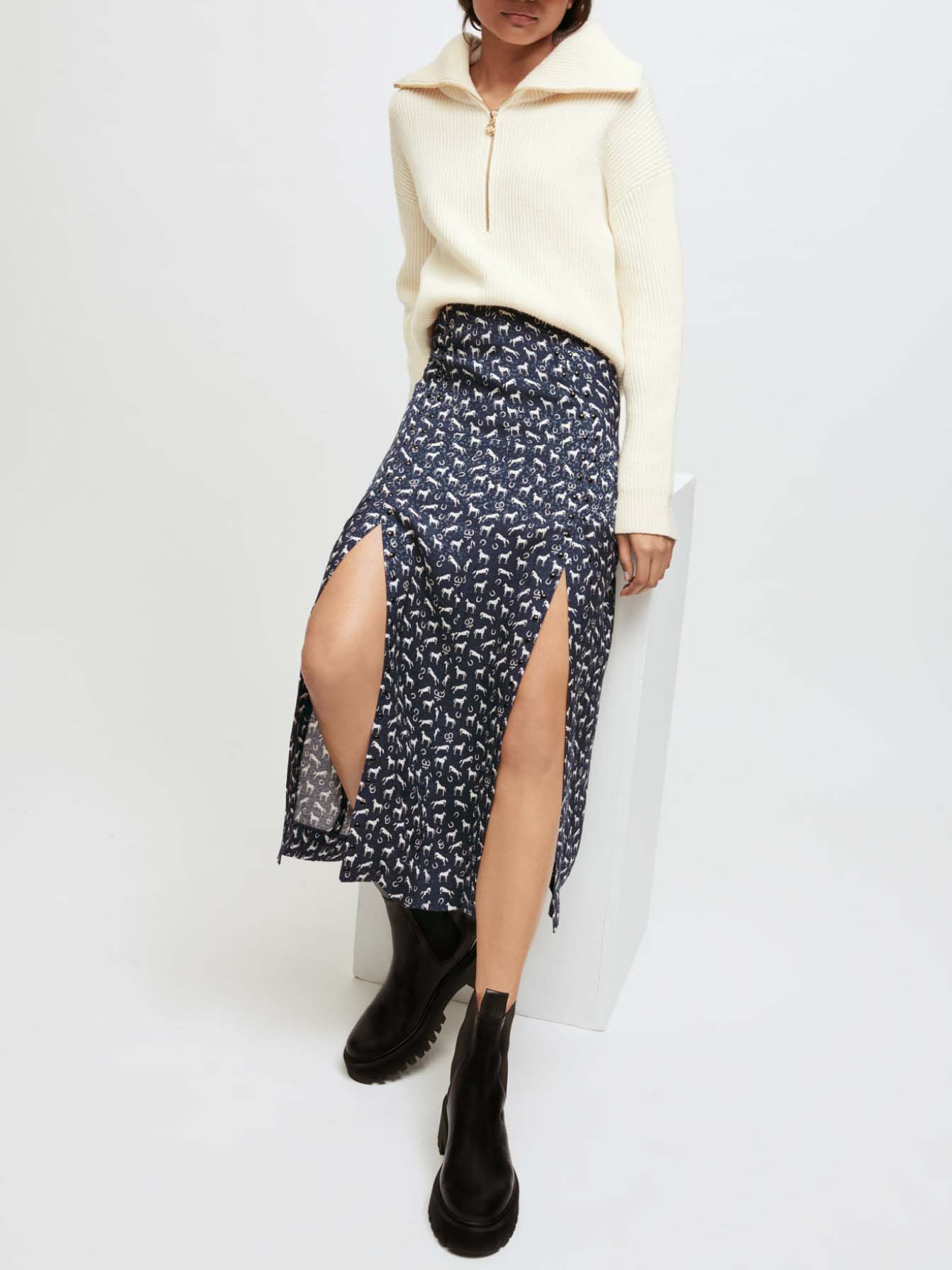 Jacquard rok met paarden en studs - Chevaux Marine