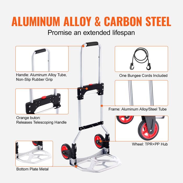 Carretilla plegable Duoku - Capacidad de carga de 80 kg - Carro portátil de aluminio - Carro convertible con asa telescópica