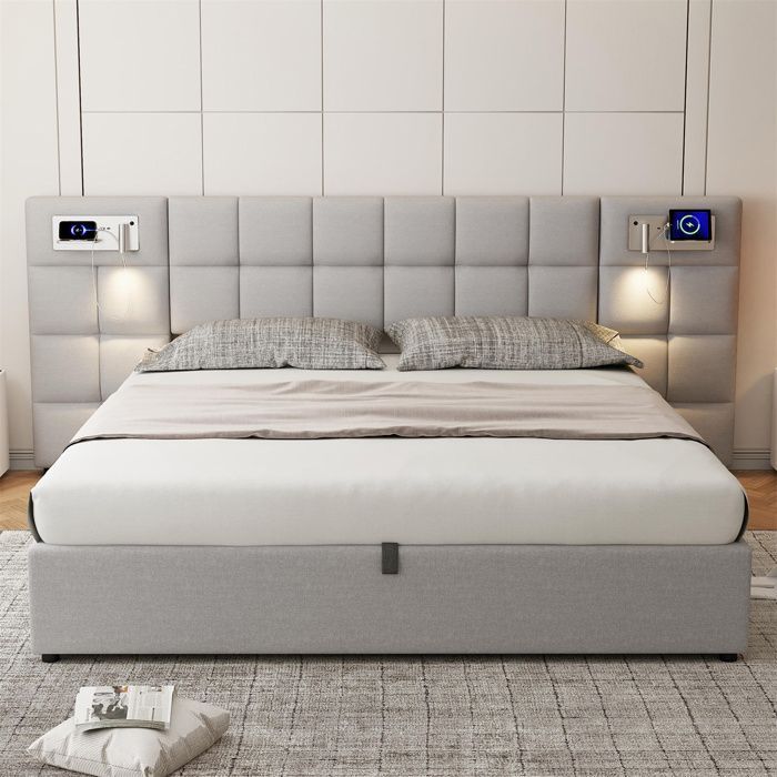 Cama de 180x200 con base de láminas y puerto USB, cama king size para 2 personas con almacenamiento, lámpara de lectura, cabecero largo, respaldo alto, lino, gris.