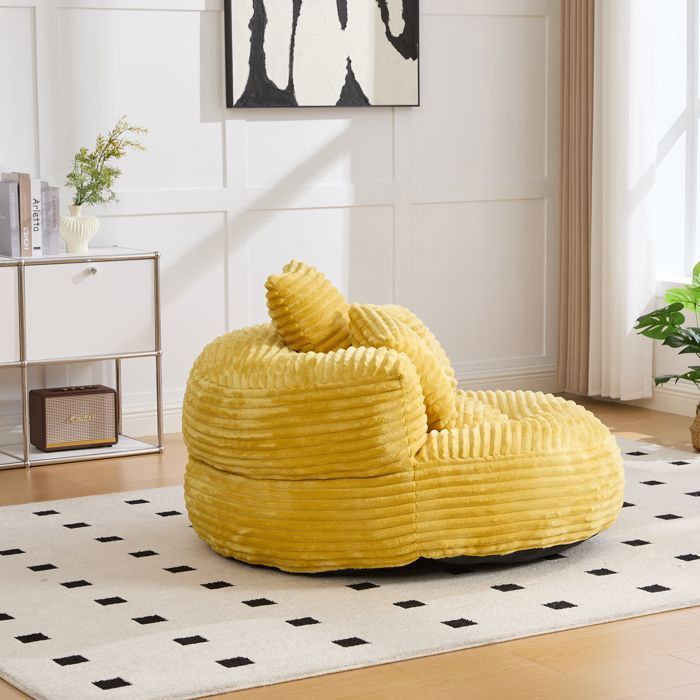 Comoda poltrona a sacco con tre cuscini, 108 x 108 x 52 cm. Divano relax per soggiorno e camera da letto. Poltrona in velluto a coste. Colore giallo.