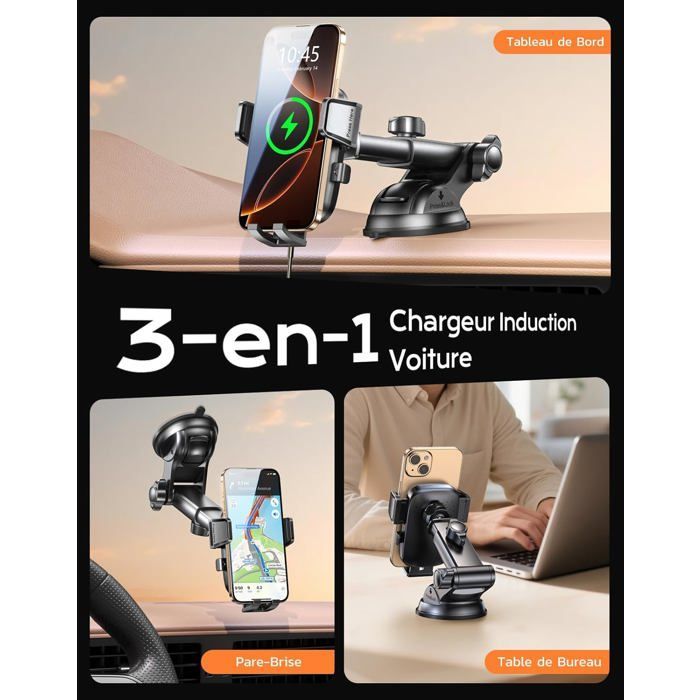 Support Téléphone Voiture Induction, 15W Chargeur Induction Voiture Charge Rapide, Ventouse Puissante & 360° Rotation, Charg[CY184]
