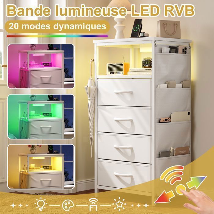 Smart Bedside Table with 4 Drawers, USB Port & RGB LED - Multifunctional Side Table for Bedroom/Living Room, with Pockets, PU