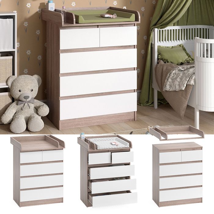 Commode à langer Emma 80x110.2cm avec 5 tiroirs Sonoma/blanc Blanc Vicco 51736