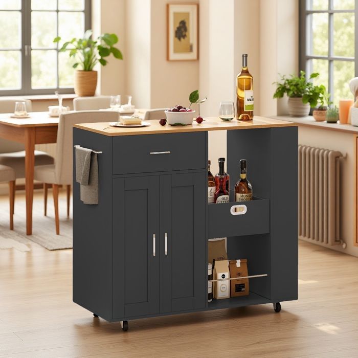 Desserte de Cuisine - Îlot à Roulettes - 102x46x92 cm - 2 Portes - 1 Tiroir - Noir