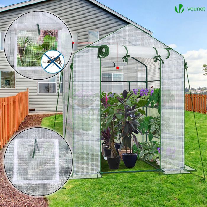 Invernadero de jardín VOUNOT® con estantes, 143x143x195cm, blanco - Cubierta reforzada de 135 g/m² - Ventana con mosquitera - Puerta enrollable