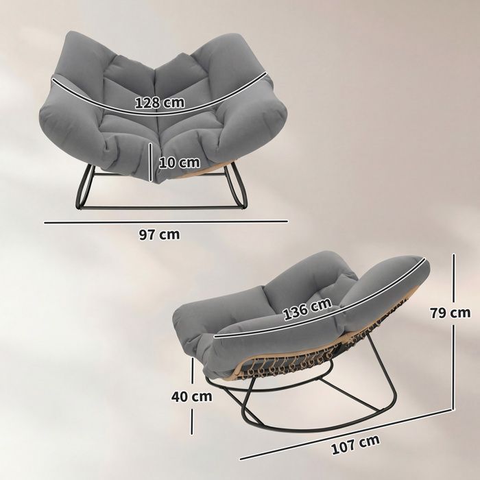 Silla mecedora Papasan para interior/exterior, mecedora ovalada acolchada para jardín, patio, gris.