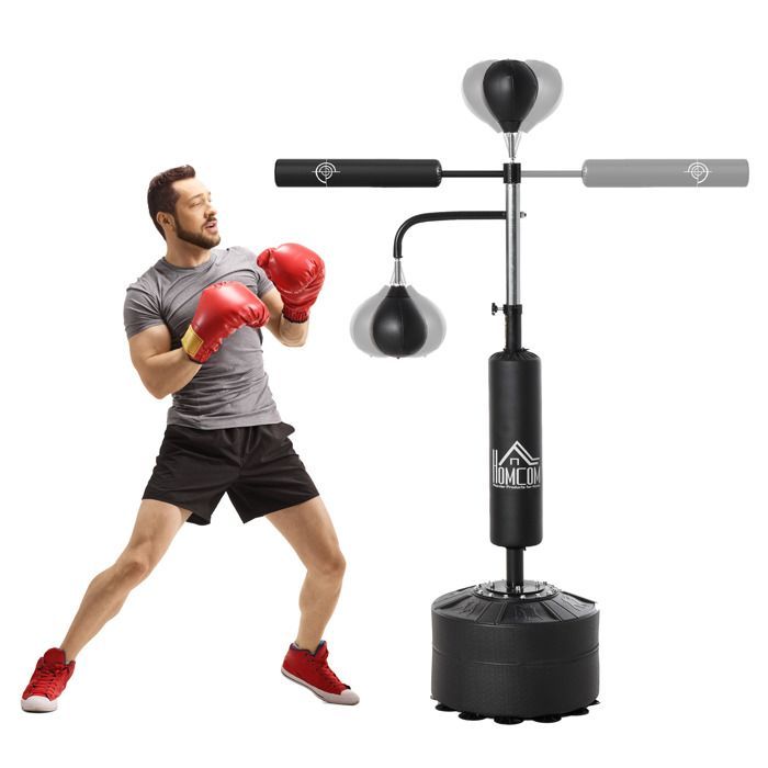Saco de boxeo independiente - HOMCOM - Bola de boxeo 4 en 1 con barra giratoria de 360°, altura ajustable de 160 a 230 cm - Acero - Negro