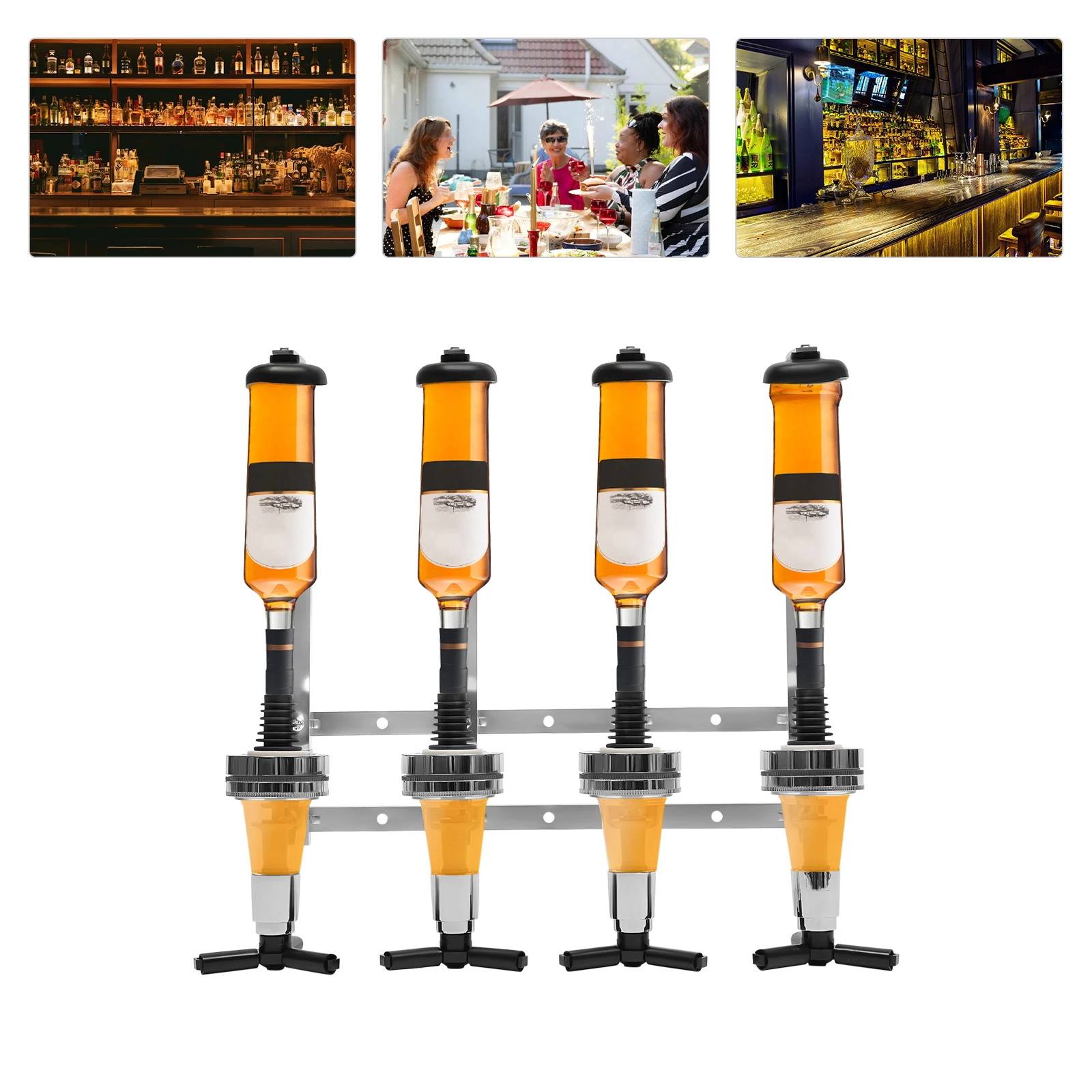 Dispenser di liquori a parete per 4 bottiglie, supporto da bar, supporto per bottiglie di vino, birra, alcol, bevande, beccuccio girevole, set di bicchieri