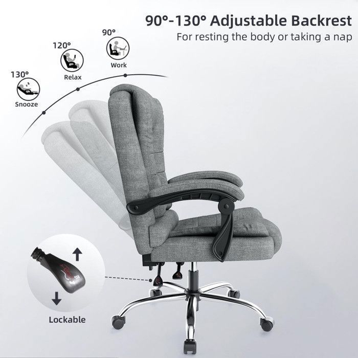 Silla de oficina BIGZZIA, sillón con asiento ancho acolchado, asiento ergonómico de tela de lino, altura ajustable 10 cm, gris oscuro.