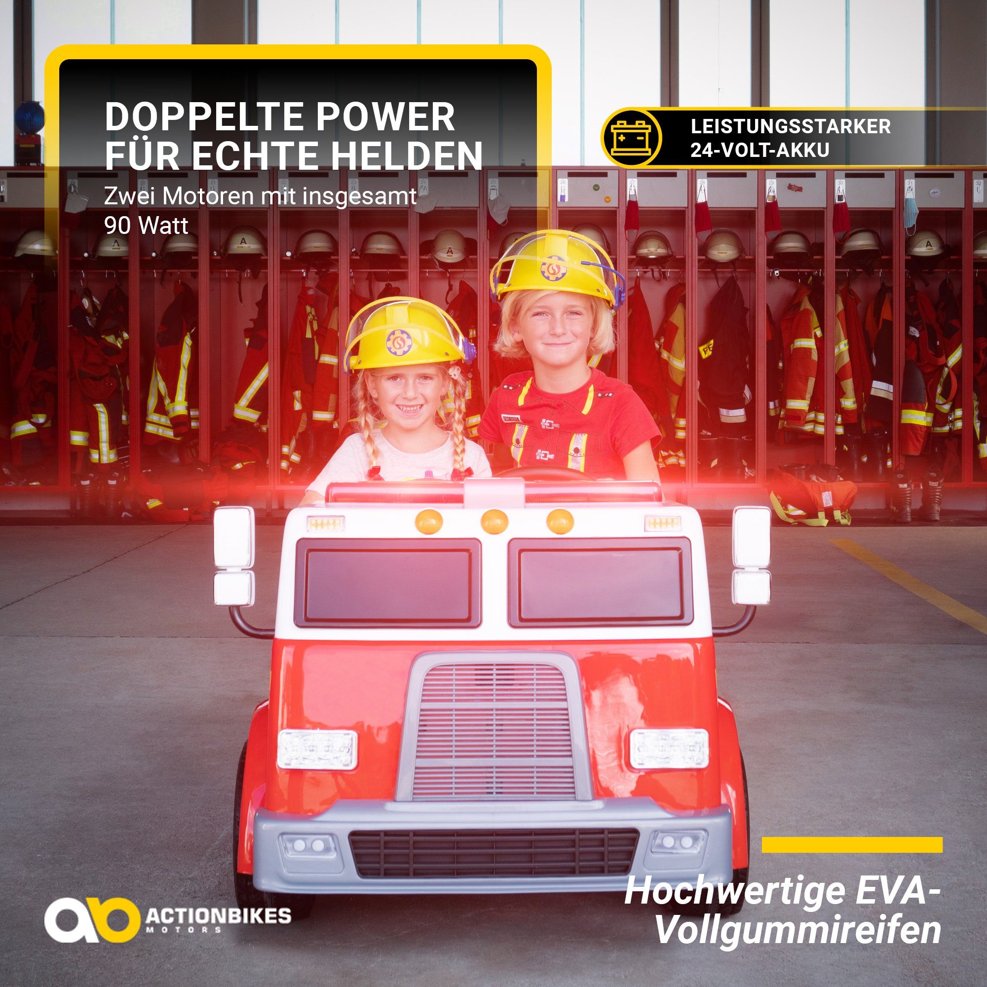 Actionbikes Motors elektrische kinderauto, brandweerauto voor kinderen LL911 elektrisch - met afstandsbediening - spuit en sirene, draagvermogen 40 kg, (2-delig), speelgoedvoertuig voor kinderen, tweezitter, vanaf 3 jaar, elektrisch