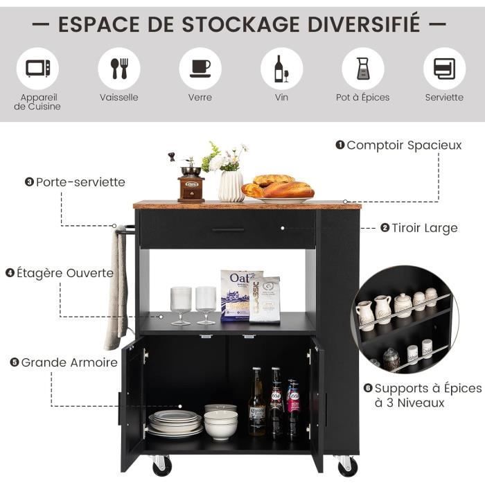 Carrito de cocina GIANTEX con ruedas, carrito de servicio para isla de 82x50x92cm con cajón, armario con puerta y 3 estantes laterales, negro.