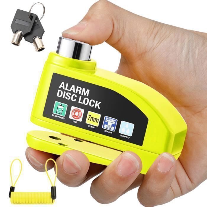 Candado de disco para motocicleta con alarma de 110 dB, reforzado, resistente al agua, cable recordatorio de 1,2 m, 2 llaves de seguridad, universal de 7 mm para motocicletas, scooters y bicicletas.