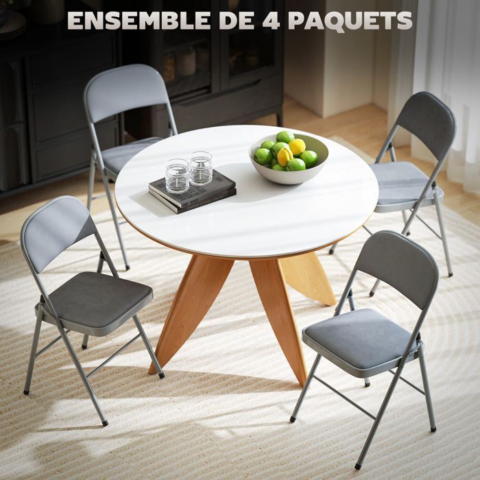 Lot de 4 chaises pliantes et portables intérieur avec assises et dossiers rembourrés en velours, cadre en acier, gris clair