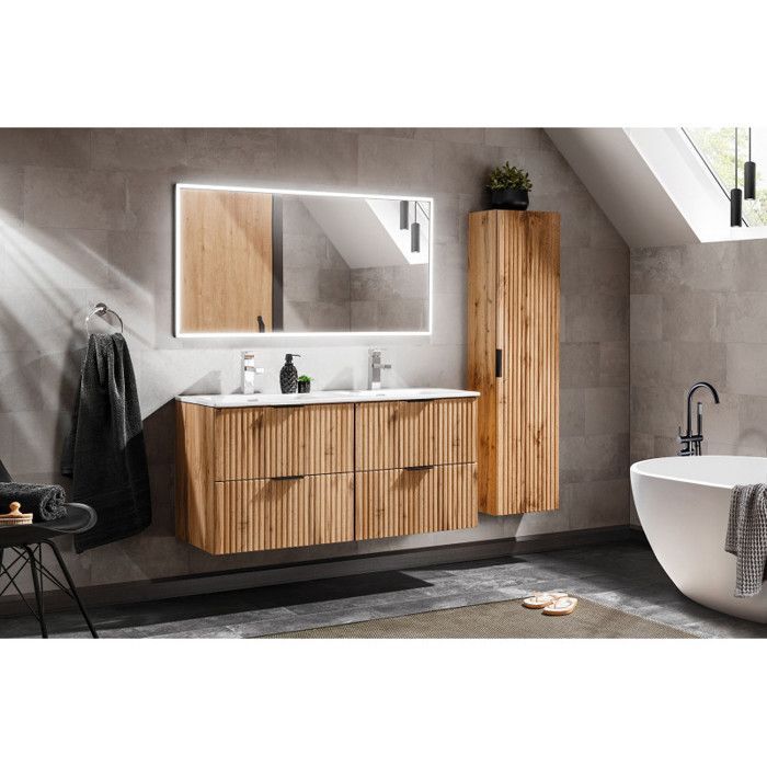 Conjunto completo de baño con lavabo doble de 120 cm + 2 armarios - Roble Georgia