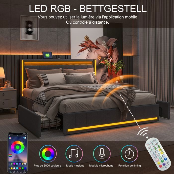 Bedframe - SUNFECILI - 180x200 cm - 4 lades - USB - LED - Donkergrijs