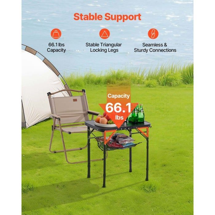 Mesa plegable de camping VEVOR 60x40 cm - Mesa auxiliar portátil - Tablero de malla y asa de transporte - Aluminio MDF - Negra