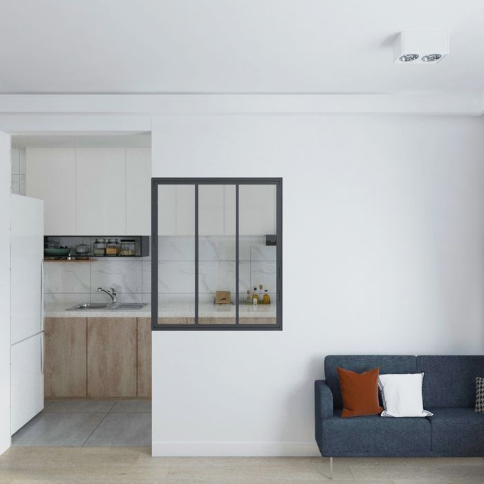 Tettoia in vetro stile officina Schulte, H.108 x L.93 cm, finestra interna, 3 pannelli trasparenti, telaio e profili nero opaco, pronta per l'installazione.