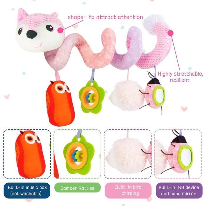 Spirale attività per neonati, giocattoli per neonati, si appende al passeggino, al seggiolino auto o alla culla, regalo per neonati da 0 mesi in su, volpe - rosa