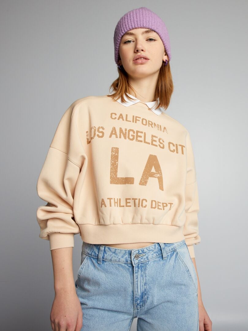 Sudadera corta con cuello de camisa - BEIGE