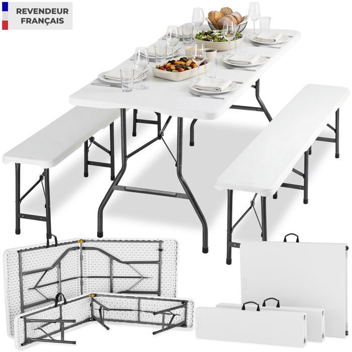Mesa de camping con bancos - TECTAKE - Conjunto de comedor PANJA: 1 mesa, 2 bancos, compacto y plegable con asas de transporte - Blanco