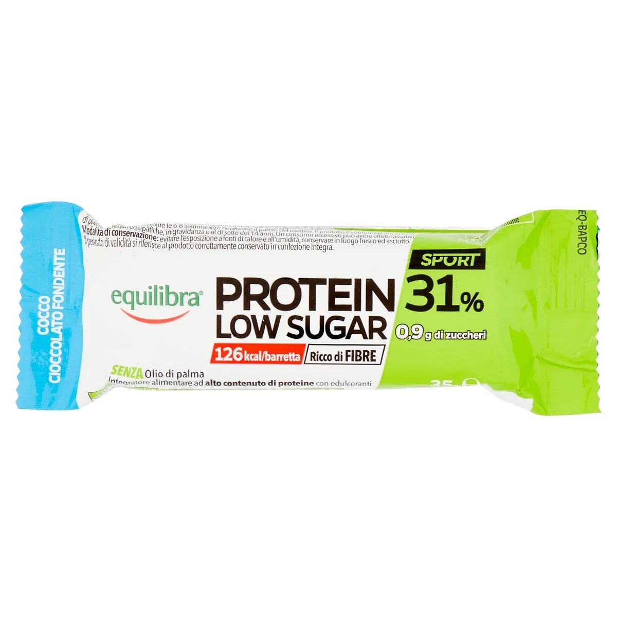 Equilibra Equilibra Protein 31% met een laag suikergehalte, kokos en pure chocolade, reep van 35 g, eiwitrijke snack