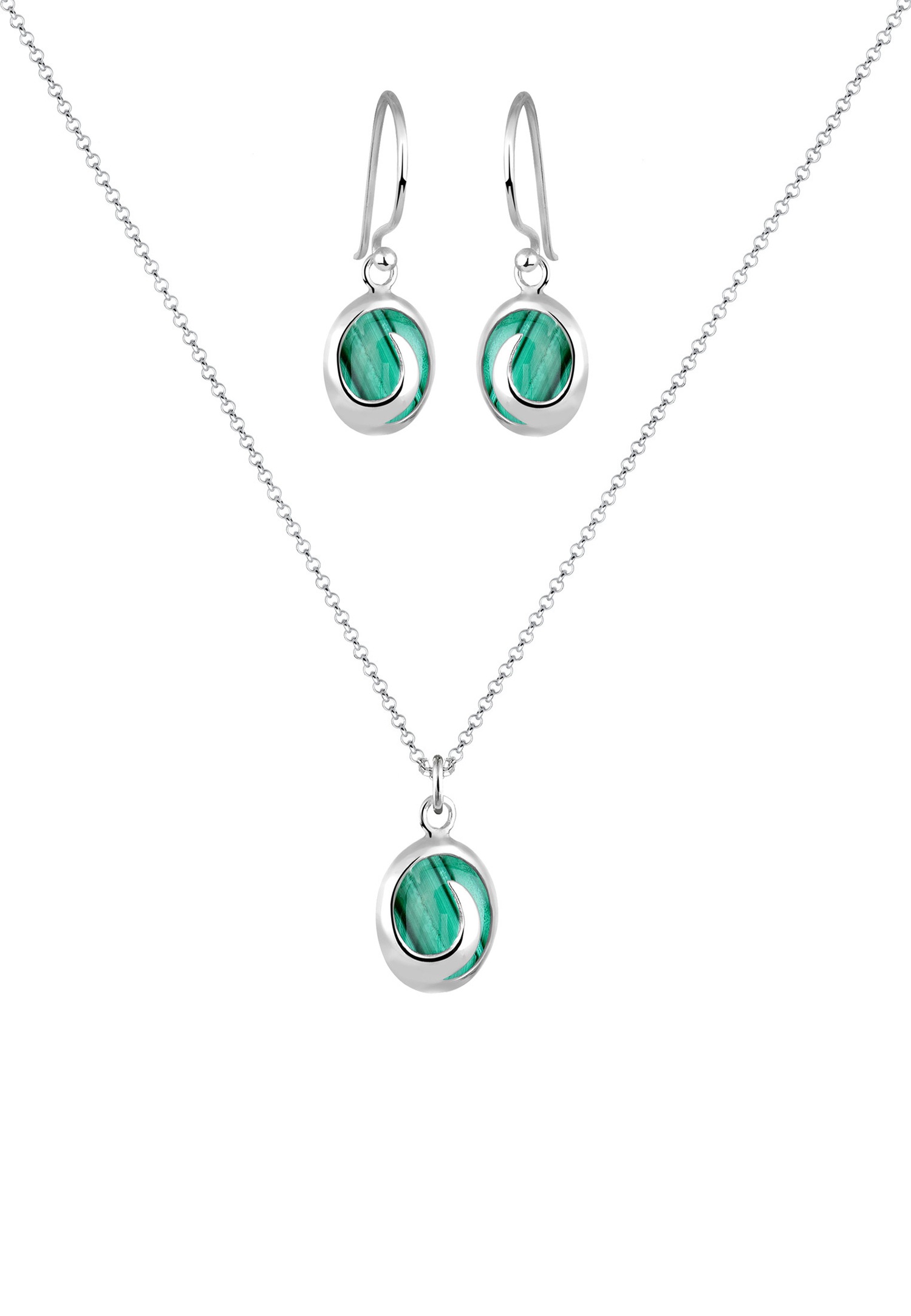Elli Femmes Spirale Pendentif Set Pendentif d'oreilles avec pierres précieuses malachite en argent sterling 925