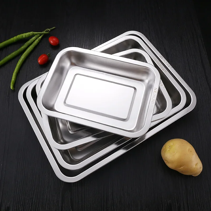 Plateaux de service rectangulaires en acier inoxydable 316 pour barbecue, thé, riz vapeur, saucisses, grillades, ustensiles de cuisine en métal.
