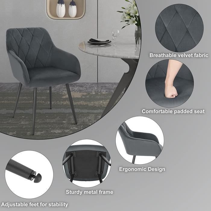 WOLTU 6x Sillas de comedor, sillas de cocina de terciopelo, asiento acolchado y patas de metal, gris oscuro BH352dgr-6