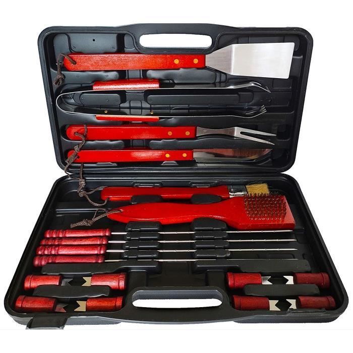 Set d'ustensiles barbecue - 18 pièces - Acier inoxydable - Mallette d'accessoires - Lavable