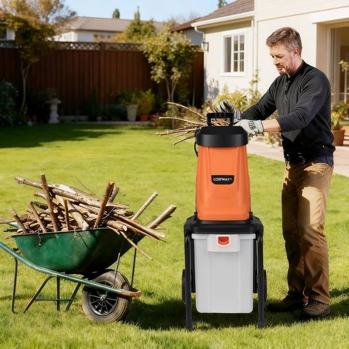 Broyeur de Jardin Électrique 2800W COSTWAY, Bac de Collecte de 50L, Diamètre de Coupe 45 mm, Roues, Mulcheur Filaire à Bois, Orange