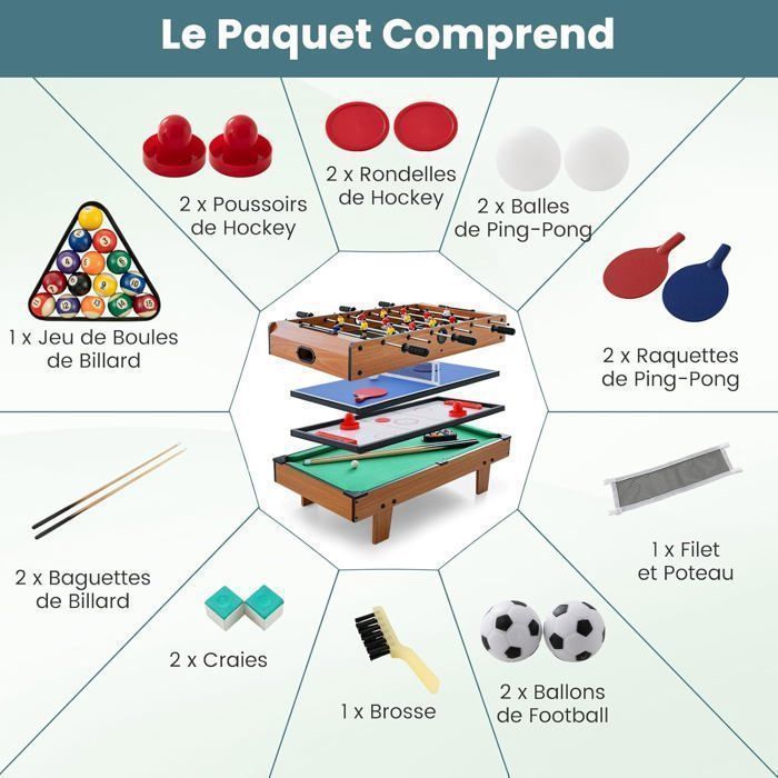 Mesa de futbolín COSTWAY 4 en 1 - Billar, ping-pong, hockey - Accesorios completos - Superficie de juego apilable - 81 x 43 cm - Hogar, bar - Natural