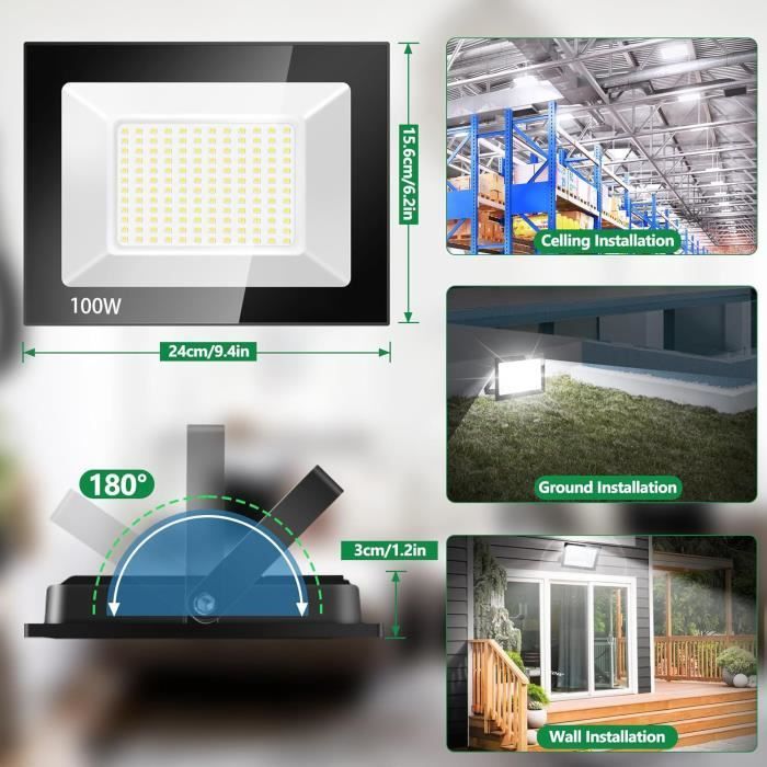 Proyector LED para exteriores de 100 W, 10000 lúmenes, 6500 K, IP66, luz blanca fría, para patio, garaje, jardín, terraza, fábrica.