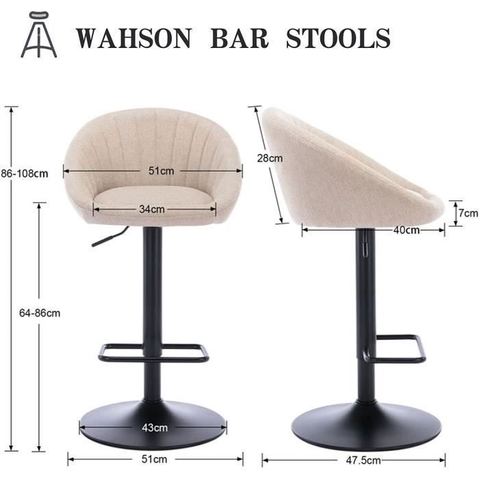 Conjunto de 2 banquetas altas Wahson em tecido com apoio para os pés, para bar/cozinha, bege.