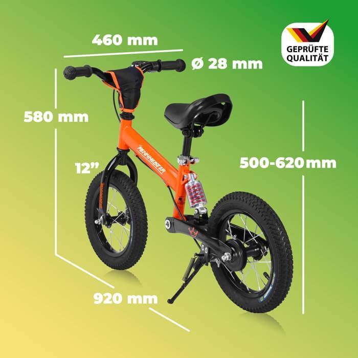 Orange Rennmeister Laufrad für Kinder, pedalfrei, mit Federung, maximaler Gewichtskapazität 50 kg, Trommelbremsen, stoßdämpfender Polsterung und Fahrradsattel.