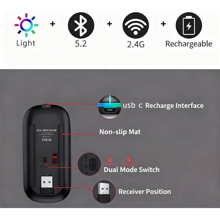 Souris sans fil optique-KAL-Souris Sans Fil USB 2,4Ghz Bluetooth,Suivi Optique 1600 DPI,Double Mode Rechargeable,pour PC/Mac/iPad