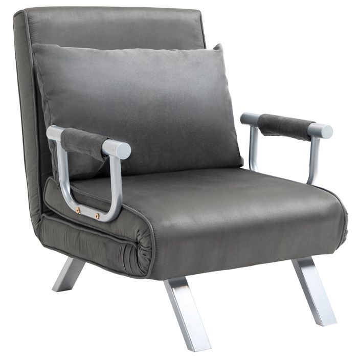 Sofá-cama com colchão - HOMCOM - poltrona dobrável conversível com encosto e almofada ajustáveis - metal e camurça - cinza