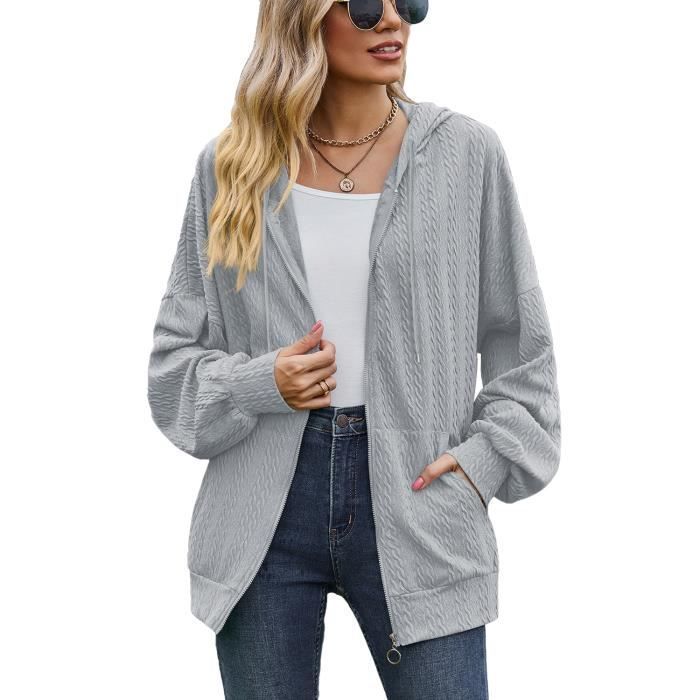 Sweat À Capuche Femme Couleur Unie Avez Poches Zippée Relaxed Fit - Gris Bleu