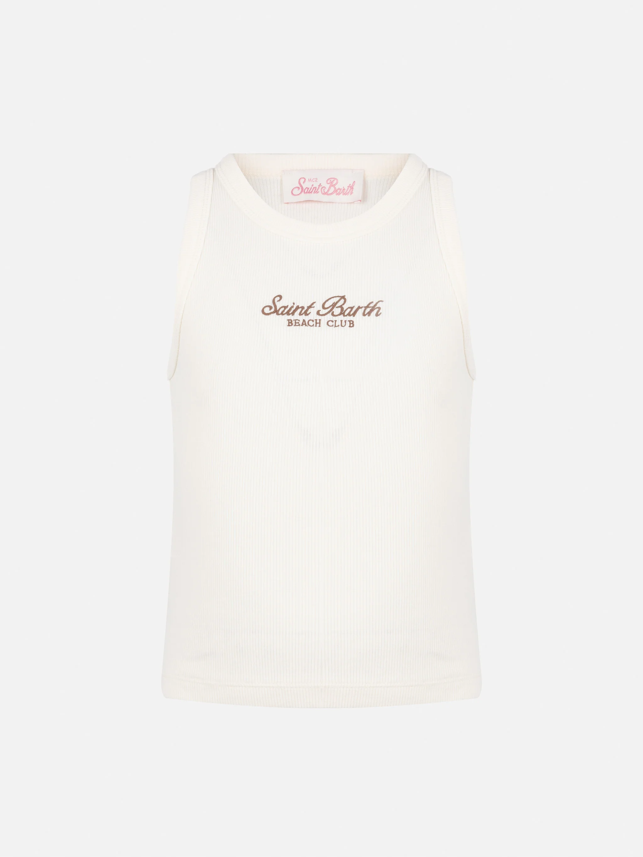 Top corto Blue Jr in maglia a coste bianco panna con ricamo