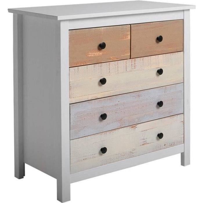 Commode 79x40x80cm Betty Colorée avec 5 tiroirs en Blanc et tiroirs multicouleurs,VS VENTA-STOCK