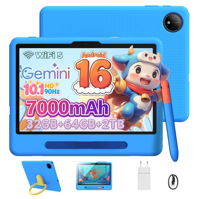 POCKAM P10 Kid 10.1 Inch Tablet, Android 16, Tablet met toetsenbord, muis, koptelefoon, 32GB+64GB, 7000mAh, 5G Wifi - Blauw