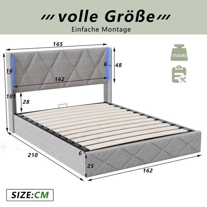 Letto 160x200 cm - Letto contenitore da 160 cm con rete a doghe inclusa - Letto matrimoniale imbottito con illuminazione a LED - in velluto grigio ghiaccio